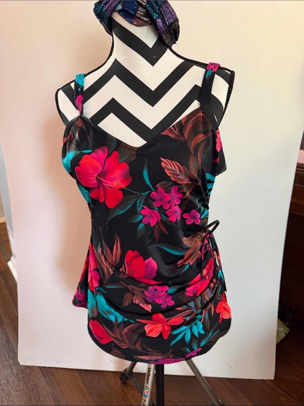Floral Ruched Black swimsuit with Pink & Teal Blooms